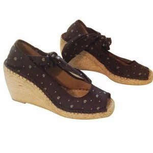COUSU MAIN BLACK FLORAL ESPADRILLE BOW‎ WEDGE 7